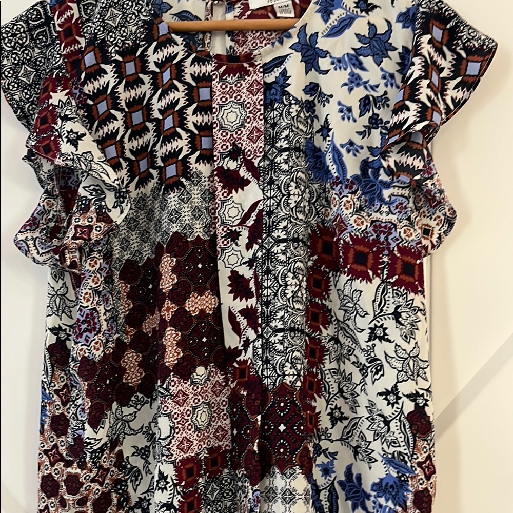 Anthropologie Ruffled Blue and Red Blouse